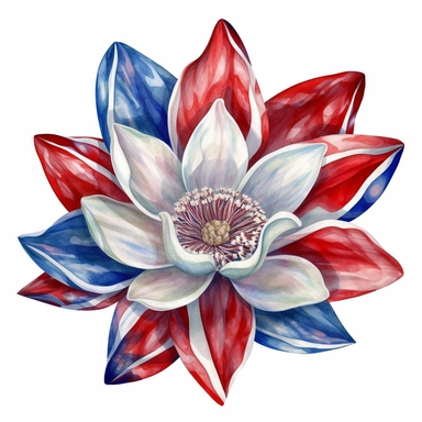 watercolor lotus flowers, red white and blue, union jack, great britain, clipart, white background,