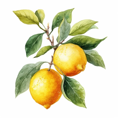 Watercolor clipart cute lemon branch with leaves. White background