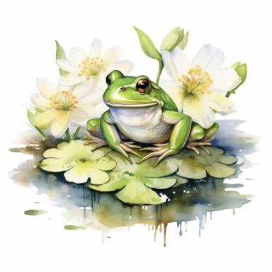watercolor green frog on lily pad with flowers clipart, white background