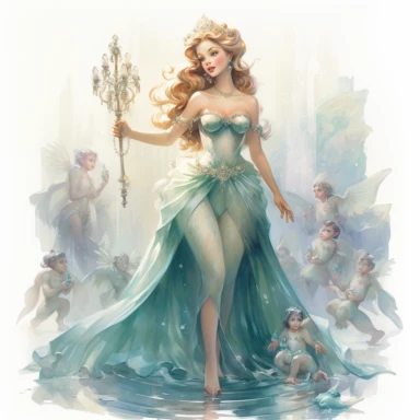 clipart watercolor, white background: mermaid princess with a jeweled crown, surrounded by a retinue of seahorse escorts