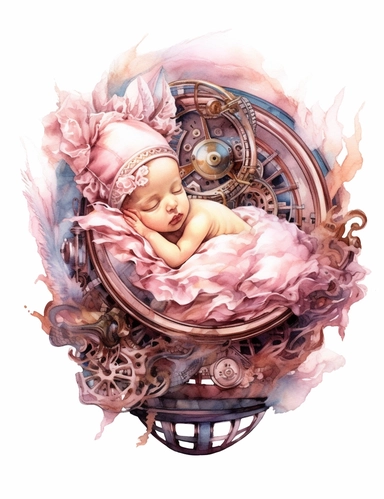 watercolor steampunk new born baby in a basket crib, pink steampunk, fantasy feathers in the background, watercolor, sublimation clipart, white background, fantasy style, soft colors