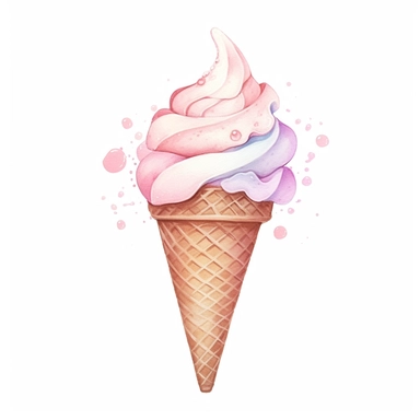 ice cream cone, pink pastel colors, light watercolor, few details, dreamy, Studio Ghibli, clipart, white background