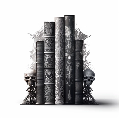 Create an impressive clipart of a clean, dark wizard's book stack on a pure white background. The design should incorporate elements of the gothic and fantasy genres, with dark hues and ornate designs on the books' spines. The lighting should be moody and shadowy, with a focus on the intricate details of the books' covers. The book stack should be perfectly symmetrical to create a sense of order and balance. Use a macro lens to capture the intricate details of the books' designs and play with th