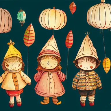 children in autumn clothes on a lantern parade, waldorf, martinmas, chalk, watercolor, clipart, white background, cartoon