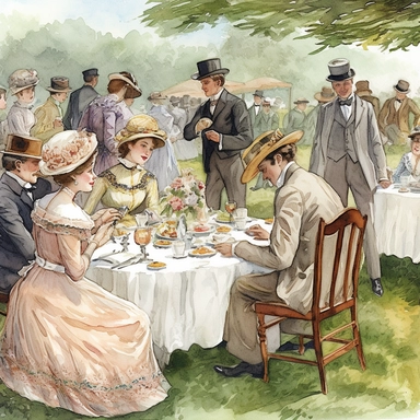watercolor style, a beautiful British tea party outside on a long wooden table with chairs with teacups in saucers, serving plates, finger foods on platters on tiers, women in fancy Victorian dresses sitting in the chairs, the women with beautiful faces and men in fancy suits, ties, and fabulous hats, playing croquet on the lawn, clipart, digital art, illustration