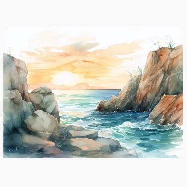 Detailed, ocean view, sunrise, watercolor, clipart, rocks, narrow sea, white background