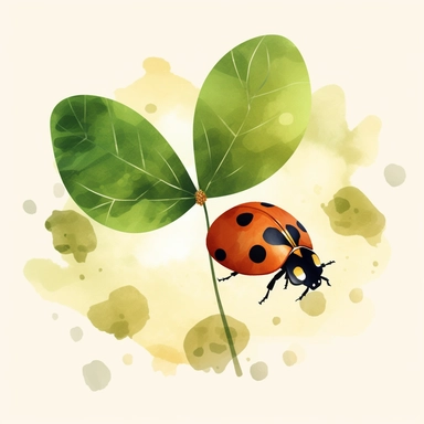 Create a charming clipart illustration suitable for a watercolor, featuring a friendly ladybug strolling on a four-leaf clover, set against a clean white background. Emphasize the whimsical nature of the scene by giving the ladybug endearing features and using bright, bold colors. Incorporate simplistic shapes and clean lines to capture the essence of a illustration, while maintaining the visually appealing style of clipart. The white backdrop adds a fresh and modern touch to the design