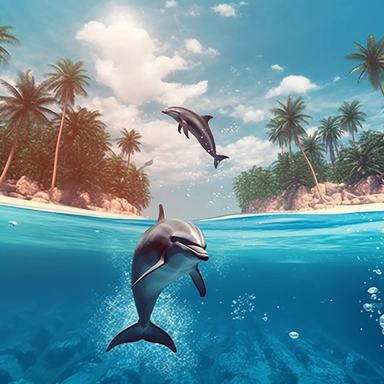 Panoramic view, portrait view, dolphins jumping out of beautiful blue water in the distance, sharp focus, high detail, romantic, fantasy, ethereal, illustration clipart style