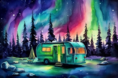 northern light camper scene, watercolor, colorful, bright vibrant, black background, clip art