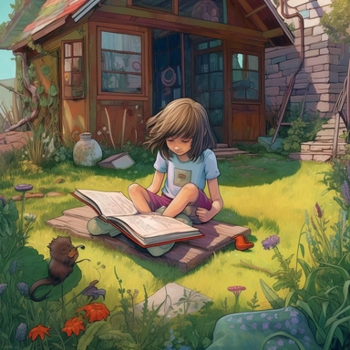 a 6 year-old girl named Emily playing in the back yard of her house and noticing an old, dusty book laying in the corner among the grass, the scene seen from a perspective, wide angle, colourful, clipart, intricate details, variety of colours,
