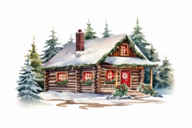 Christmas winter log cabin scene, red and green accents, watercolor clipart