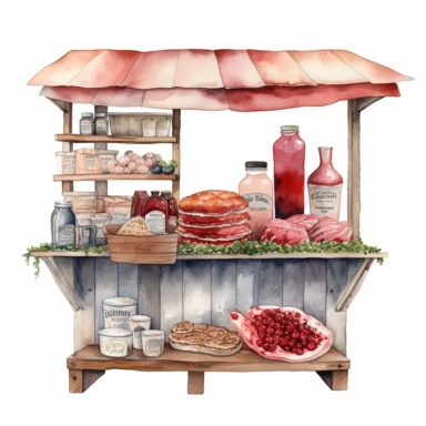 hand drawn ROADSIDE STAND WITH STRAWBERRY JAM AND COUNTRY HAM leg , very detailed and realistic , watercolor, white background with margins, clipart style
