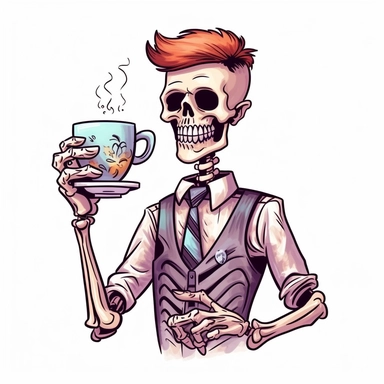 Skeleton barista handing out a cup of coffee, cartoon cutout style by Lucy Fleming, watercolor, smooth gradients, black contour outline, ultra detailed, clipart elements, delicate pastel colors, solid white background, super clear, high quality