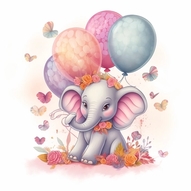 a detailed very colorful vector Clipart image sticker of a beautiful majestic magical floral smilling baby elephant and pastel pink balloons colors holding balloons with a white background, pastel light colors, fall colours, gold ropes, photorealistic, cinematic, Cinematic, Color Grading, Editorial Photography, Photography, Photoshoot, Shot on 70mm, Ultra-Wide Angle, Depth of Field, DOF, Tilt Blur, Shutter Speed 1/1000, F/22, Gamma, White Balance, Neon, Light, Dark, Light Mode, Dark Mode, High C