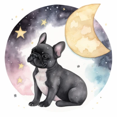 celestial watercolour French Bulldog clipart, on white background, stars, nebula, moon, galaxy, soft colours