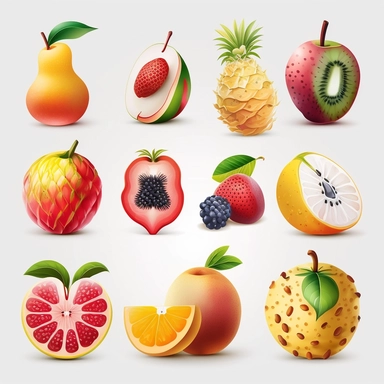 beautiful, 10 fruit stickers collection, clipart design, cartoon, 4k, white background, photo realism