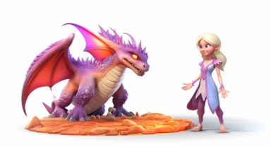 two shot of full body human blonde viking woman humanoid in full gear petting her Cute Beautiful 3d winged baby red fire dragon quadruped that's Standing, Vector Sublimation Clipart, Cartoon, disney infinity art style, hyper realistic, in-game model, intricate detail, illustration style, high solution, on the white background, dozens of purple crystal gems on the floor
