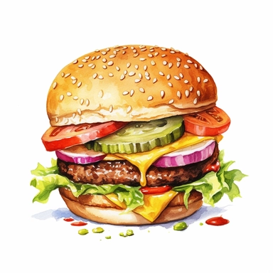 a watercolor, hyper-realistic clipart image with a white background and white margins, showcasing a classic cheeseburger with a juicy beef patty, melted cheese, lettuce, tomatoes, and pickles. The ultra-detailed, hand-drawn elements capture the textures and colors of the burger ingredients. Use bold shades of brown, green, and red to evoke the mouthwatering and indulgent nature of this fast food staple
