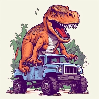 cartoon, isolated, cute Monster Truck And T-Rex Dinosaur, clipart, isolated vector, full body, white background, outline, disney style