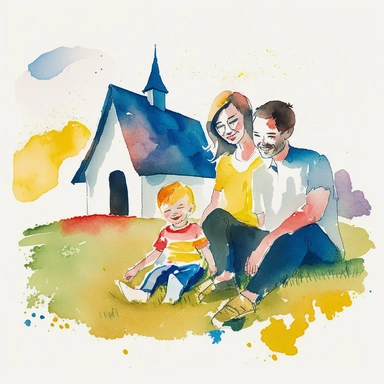 watercolor clipart, minimalist, isolated with white background, Happy Asian family mom, and dad smiling , and a child laughing sitting on the grass , primary color is yellow, blue and red, bright atmosphere, flat illustration, story telling, James jean, simple lines ,high resolution paper-cut styles , church with a cross on top backgrounds