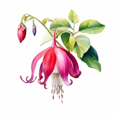 a watercolour painting of a fuchsia flower, in the style of uhd image, dansaekhwa, traditional, flourishing botanicals, exotic, white background, colorful, antique clipart, vibrant intense colors, photorealistic botanical satin drawing
