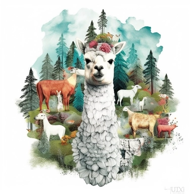 • collage quirky cool collage forest alpaca Vicugna pacos clipart, detailed, clean line, hd, on white background, spaced out