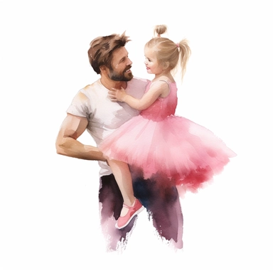 Watercolor illustration of father with his daughter wearing a pink tutu, 2d asset, isolated cozy object on white background, warm cozy colors, white background, watercolor, hyperrealism, high detail, isolated elements, clipart