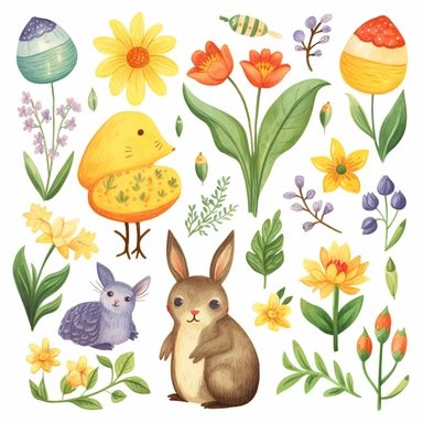 Spring Clipart Set - Springtime Clip art, flowers and gardening, hand drawn clipart, rainbow, sunshine, baby animals, floral clipart, Easter