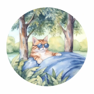 Cute cat waring sunglasses is sleeping on a big blue colored air mattress, lovely scene in nature below a tree, Sublimation graphics, by Beatrix Potter, watercolour clipart, unique design, print on demand image, white background, 8k,