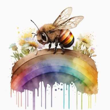clipart watercolor, kid honey bee on a funky arch brown and gold rainbow, smiling, happy, hd, on white background ar 3:2 s 1000