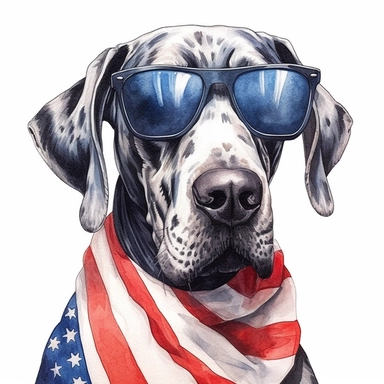 closeups shot, low angle, watercolor style, Great Dane Dog wears American flag scarf and sunglasses, hyper-realistic animal illustrations, 2d game art, quadratura, clipart, on white background,