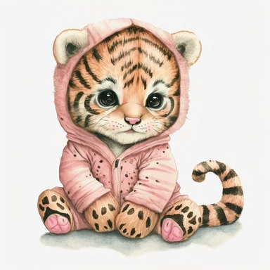 watercolor and pencil sketch of happy cute baby tiger with big eyes wearing baby pajamas, pastel pink, hyper detailed, white background, 4k, hd, Clipart