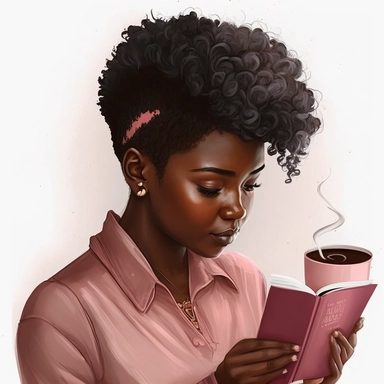 gorgeous black woman clipart, studying the bible sipping a coffee, pixie cut hairstyle, dark rose pink blouse, dark brown skinned, melanin, white background, rose pink--v 5