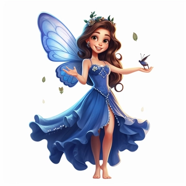 a beautiful smiling fairy girl holding a beautiful butterfly in her hands, royal blue dress, big fairy wings, lovely butterflies all around her, pixar style, full body image, clipart, white background
