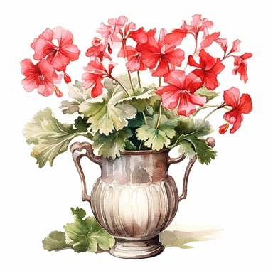 watercolour clipart of geraniums in a milk urn, vector, white background