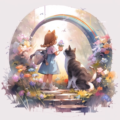 2 girls, cat girls, Little girl exploring, rainbow and flowers, illustration for book, children's book, 2 clipart, fiorucci angels, beautiful decoupage paper, pastel colors, clipartm, fantasy art, squirrel ears, perfect eyes, detailed body, Watercolor Clipart, strybk, full Illustration, 4k, sharp focus, watercolor, smooth soft skin, symmetrical, soft lighting, detailed face, concept art, watercolor style, strybk, children's style fairy tales, chibi kawaii, Octane rendering, 3d. Perfect face, det