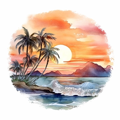 a magical beach between mountains, palm trees, white sand, sunset, broken waves, watercolor, clipart, white background,--v 5