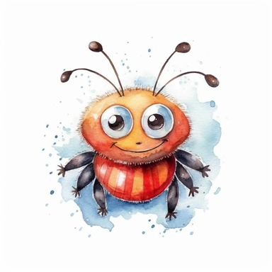 watercolor kids' simple illustration very cute and sweet smiling bug, clipart, white background