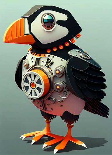 mechnical puffin bird, futuristic, black, coins and bills, cylinder hat, pointing to the sky with one wing png clipart free vector, in the style of de stijl, generative art, light black and orange, back button focus, fragmented icons, birds-eye-view, playful and ironic