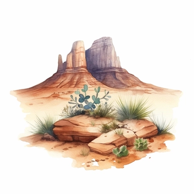 Hyperrealistic watercolor mesa and butte clipart in desert with some small shrubs in sight