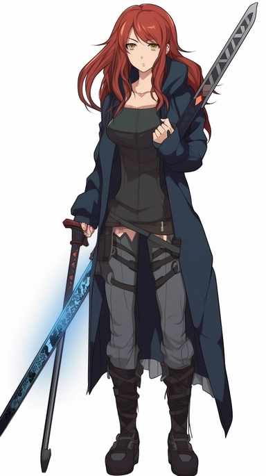 an anime character with red hair and blue flames, transparent background png clipart,anime,a city,a person with red hair and black clothes holding a sword in her hand,friends,asia