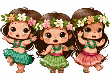 three cute baby hula dancers with beautiful long hair dancing clipart , big eyes, wearing green hula skirts and colorful tops, Hawaiian inspired pink floral crowns, Disney inspired art, digital art, baby Hawaiian dancers, realistic,