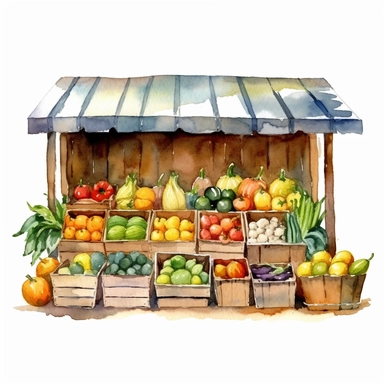 watercolor colorful clipart of a bountiful farmer's market, hd, on white background