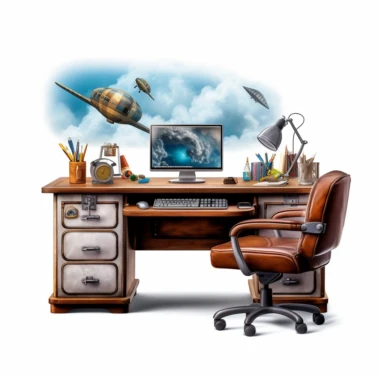 office desk in the style of digital airbrushing, realistic yet stylized, digitally enhanced, clipart, 32k uhd, white background