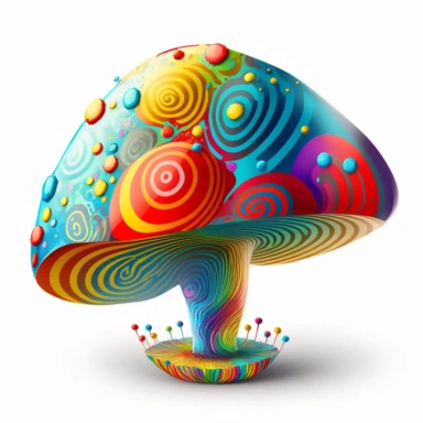An AI generator could create a 2D, psychedelic mushroom clipart that features a brightly colored, cartoonish mushroom with a bulbous cap, adorned with swirling patterns in shades of bright azure, vibrant crimson, shimmering metallic silver, and brilliant yellow. The stem is thin and twisted, and it too is covered in the same psychedelic patterns, with the addition of metallic silver and yellow. The mushroom is set against a background of swirling colors, giving the overall image a dizzying, trip