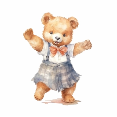 Cute baby bear clipart, happy expression, standing in dynamic pose, full body,2000s color scheme, wear bow headband,Gingham print sundress, front view, in the style of watercolor cartoon clipart, kate greenaway style, high resolution, composition free space,watercolour clipart, watercolor illlustration for kids and children, isolated white background, clipart most popular on etsy, book illustration, featured on dribble, print on demand image, PNG tranparent background, composition medium shot, n