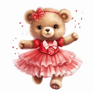 Adorable cute fantasy Teddy bear dressed like a Romantic ballerina, wearing red tutu, nursery art, clipart image, lineart image, white background , very detailed, 8k