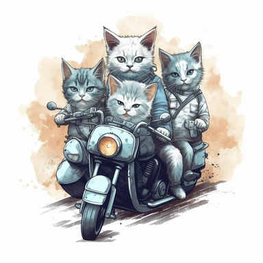 Create a clipart of a group of cute cats riding motorcycles together, perhaps forming a motorcycle gang. Low detail. White background, soft lighting. In the style of Bob Ross