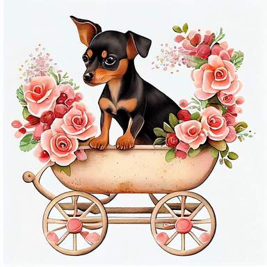 Cute Pinscher Puppy valentine, heart wagon, blush tones, Lilla Rogers agency, watercolor, roses, cupid, fairytale, folkart, clipart, white background