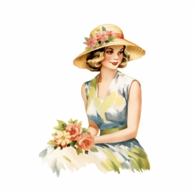 vintage woman colorful illustration old fashioned summer , Hand drawn , watercolor style,clipart,no shadow,single design, print on demand image, PNG transparent ,white background for removing background - - no text shadow font watermark